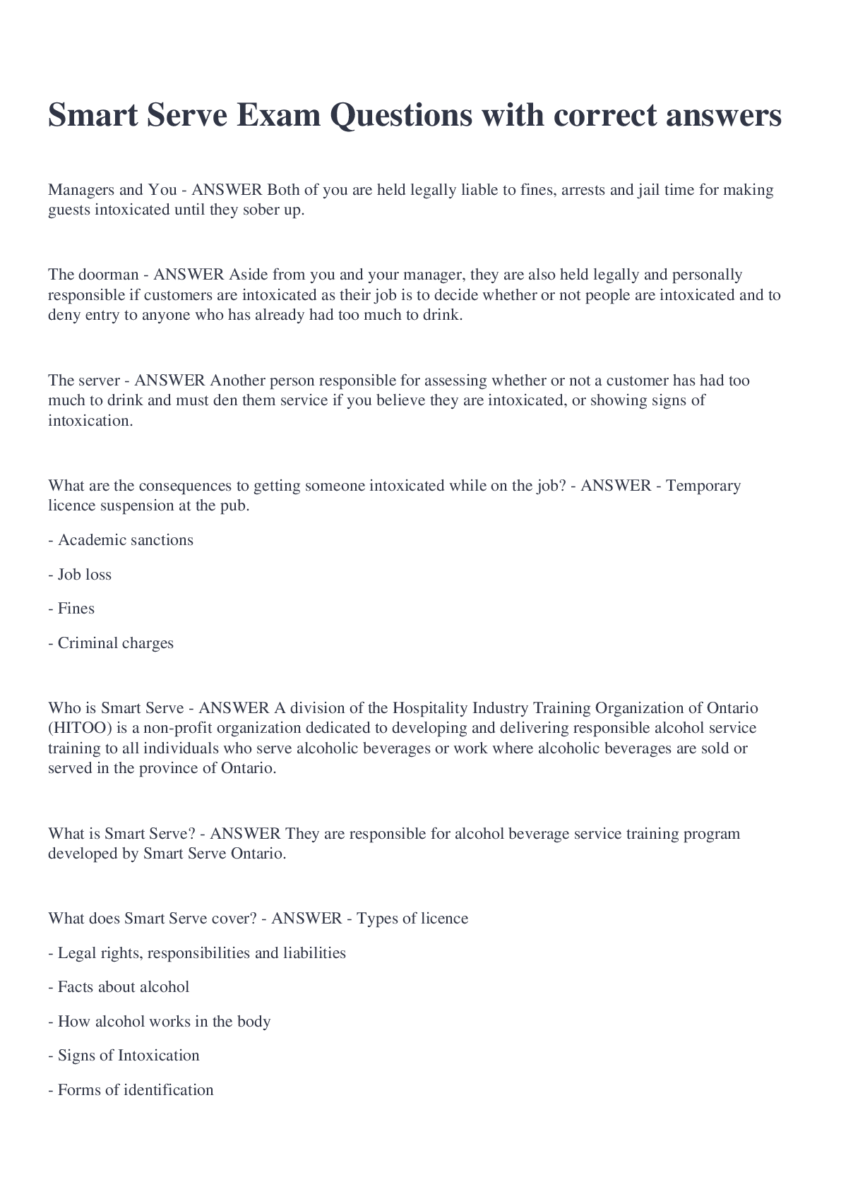 Preview image for Smart Serve Exam Questions with correct answers
